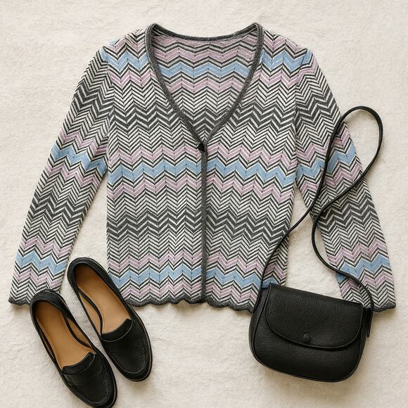 Pendleton Silk Cotton Chevron Knit Cardigan Gray Purple Blue V Neck Small - Picture 2 of 12